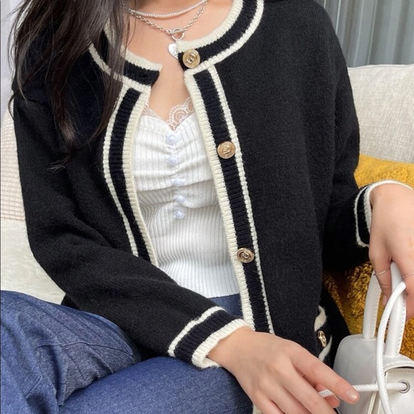 DAZY Stripe Trim Gold Button Cardigan - Picture 5 of 13